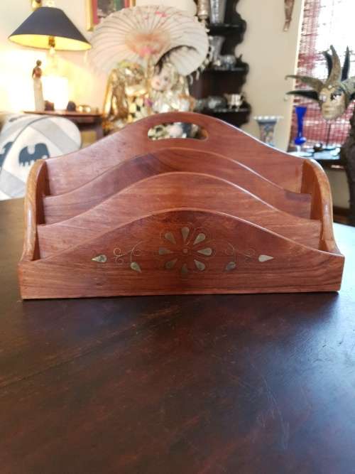 FREE SHIPPING!!!  Stunning Vintage Solid Wood Book Rack with Brass Inlays