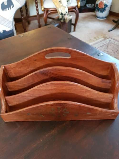 FREE SHIPPING!!!  Stunning Vintage Solid Wood Book Rack with Brass Inlays