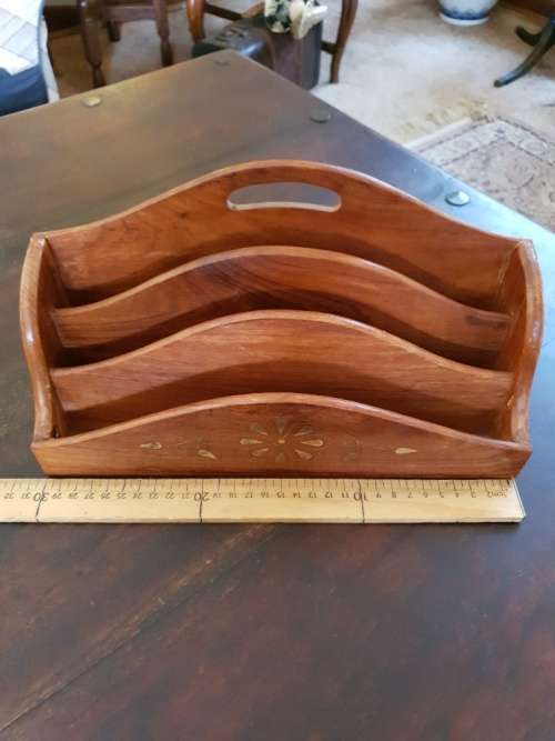FREE SHIPPING!!!  Stunning Vintage Solid Wood Book Rack with Brass Inlays