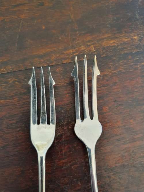 FREE SHIPPING!!!  Two Vintage Silver Plated Pickle Forks. Makers Marks.