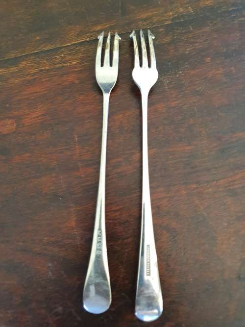 FREE SHIPPING!!!  Two Vintage Silver Plated Pickle Forks. Makers Marks.