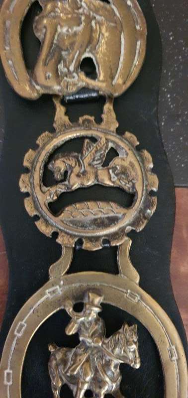 Vintage  Brass Horse Medallions on Leather Bridal.