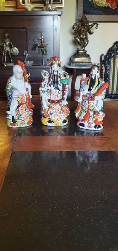 Beautiful Large 24 cm Hand Painted Vintage Fu LU Shou Gods of Happiness, Prosperity and Longevity