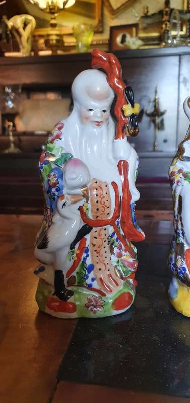 Beautiful Large 24 cm Hand Painted Vintage Fu LU Shou Gods of Happiness, Prosperity and Longevity
