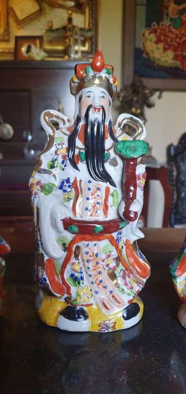 Beautiful Large 24 cm Hand Painted Vintage Fu LU Shou Gods of Happiness, Prosperity and Longevity