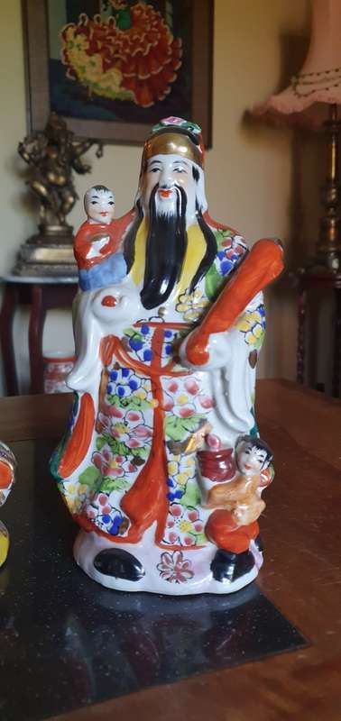 Beautiful Large 24 cm Hand Painted Vintage Fu LU Shou Gods of Happiness, Prosperity and Longevity