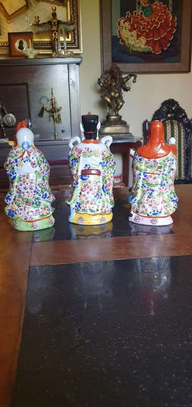 Beautiful Large 24 cm Hand Painted Vintage Fu LU Shou Gods of Happiness, Prosperity and Longevity