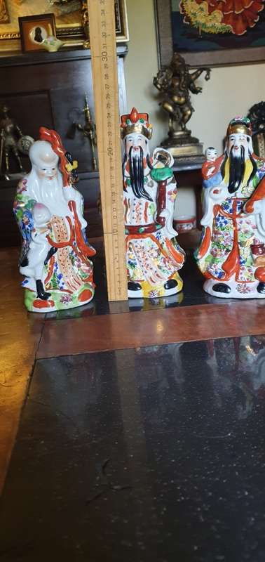 Beautiful Large 24 cm Hand Painted Vintage Fu LU Shou Gods of Happiness, Prosperity and Longevity