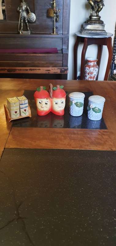 Assorted Salt and Pepper Shakers and Jam Pot
