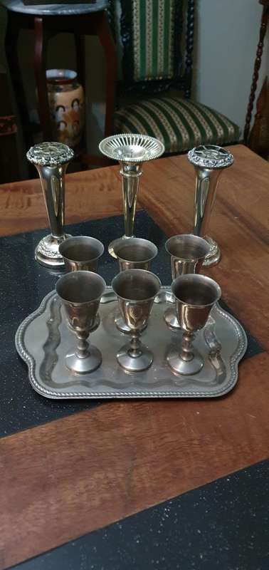 Beautifuil Single Stem Flower Frogs, Elegant Candle Stick Holder Plus Silver Plated Tray & Goblets