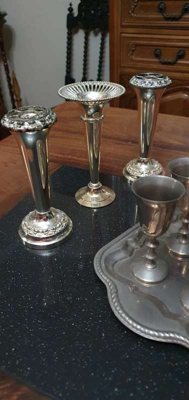 Beautifuil Single Stem Flower Frogs, Elegant Candle Stick Holder Plus Silver Plated Tray & Goblets