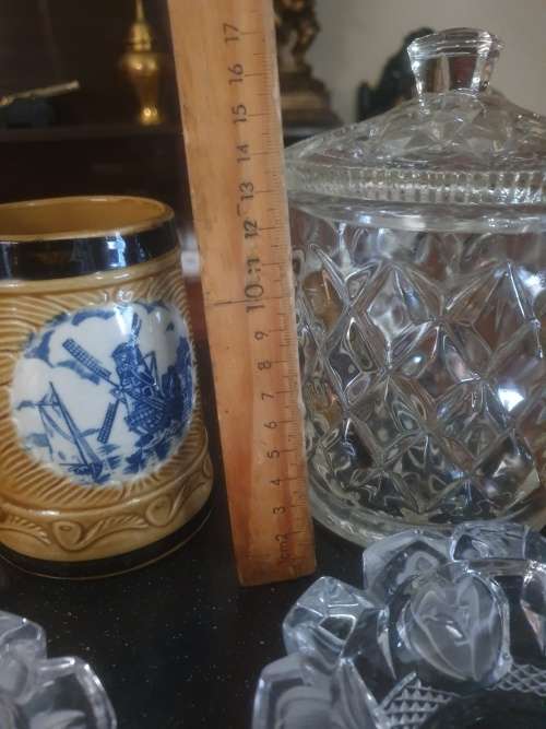 Stunning Molded Sweetie Jar & Beautiful Modern Crystal Ashtrays & A Delft Mug