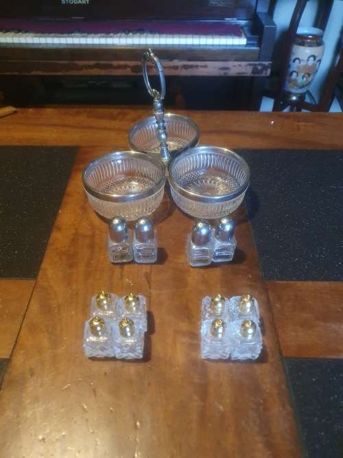 Gorgeous Silver Plated Condiment Server Plus Salt & Pepper Shakers