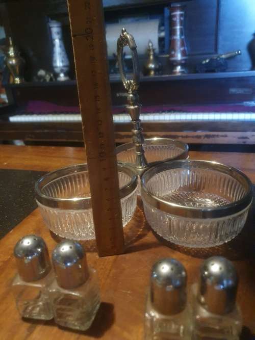 Gorgeous Silver Plated Condiment Server Plus Salt & Pepper Shakers