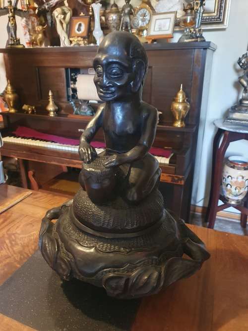 Stunning & Unique Large 50.5cm African Wood Carving With Hidden Bowl Under The Drummer
