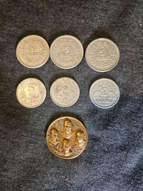 Vintage 1914-1964 Nasional Party 50 year medallion plus 3X 5 Franc, 3 x 2 Francs