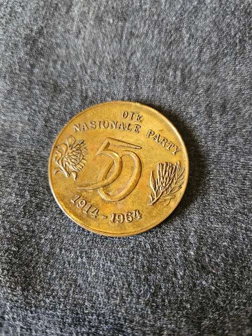 Vintage 1914-1964 Nasional Party 50 year medallion plus 3X 5 Franc, 3 x 2 Francs