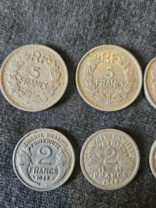 Vintage 1914-1964 Nasional Party 50 year medallion plus 3X 5 Franc, 3 x 2 Francs