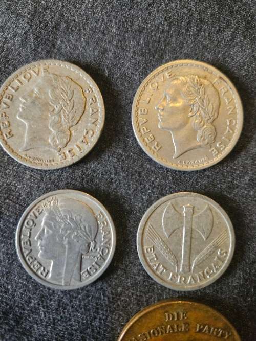 Vintage 1914-1964 Nasional Party 50 year medallion plus 3X 5 Franc, 3 x 2 Francs