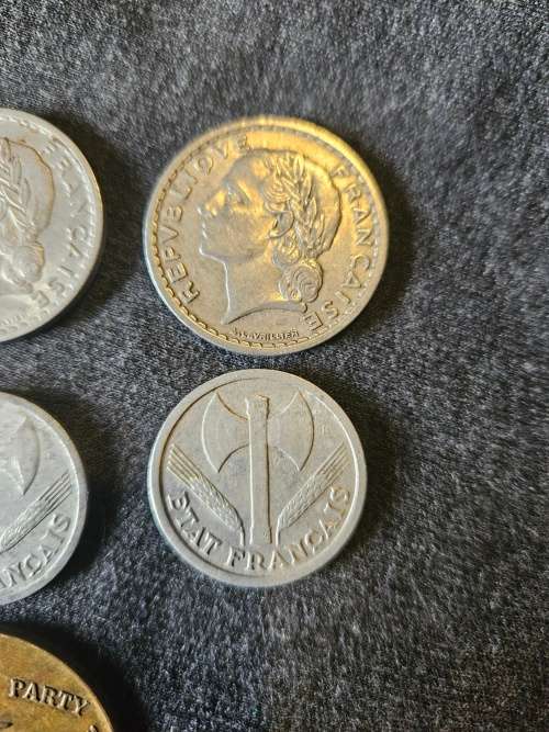 Vintage 1914-1964 Nasional Party 50 year medallion plus 3X 5 Franc, 3 x 2 Francs