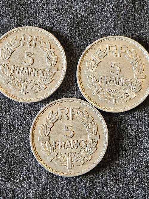Vintage 1914-1964 Nasional Party 50 year medallion plus 3X 5 Franc, 3 x 2 Francs