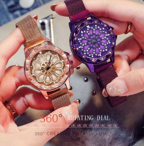 Lucky Women Fashion Wrist Watches Rotating Flower Watches with magnetic strap