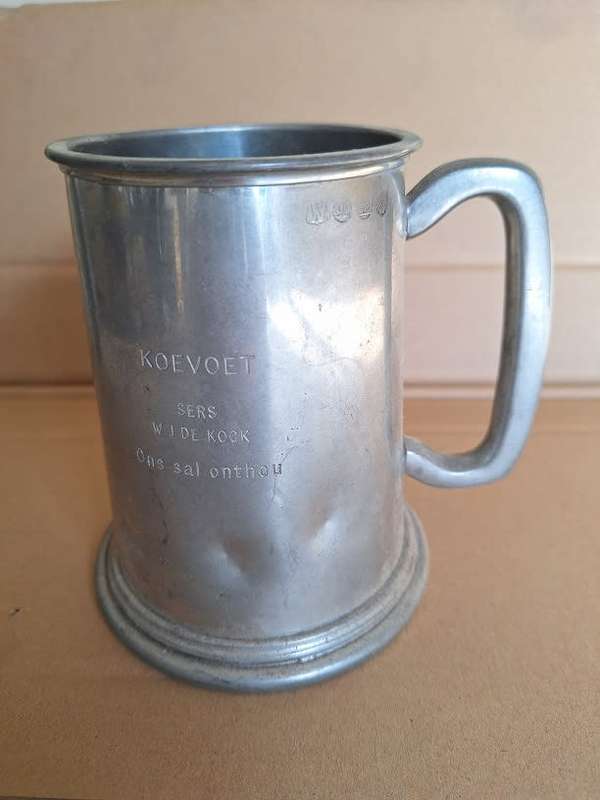Beer Tankard pewter? with inscription to Koevoet member