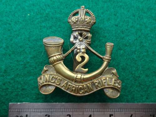 2 KINGS AFRICAN RIFLES CAP BADGE = LUGS REPLACED WITH SLIDER