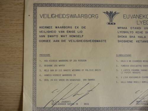 SWAPO SAFE PASS - SIGNED BY BRIG AJM JOUBERT O/C SECTOR 10 - LATER O/C. SPECIAL FORCES -