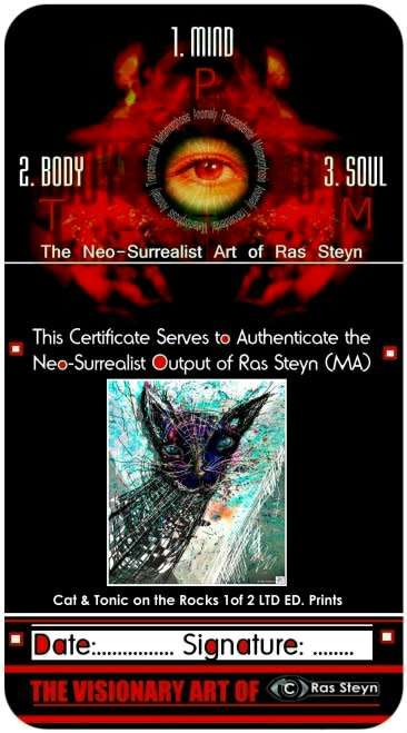 `Cat and Tonic on the Rocks` by SA Surrealist Ras Steyn - 1Mx1.2M - SINGLE SIGNED EDITION 1/1**