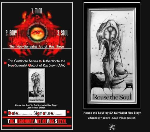 Original Surrealism : Rouse the `Soul` by SA Artist Ras Steyn - Restored Lead Pencil Sketch *** -