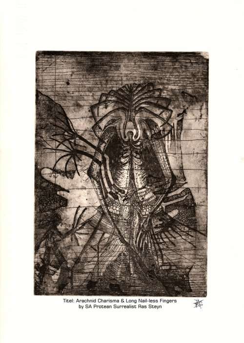 Original Artworks : Arachnid Charisma by SA Artist Ras Steyn - 150mmx210mm Etching on Fabriano 3/3