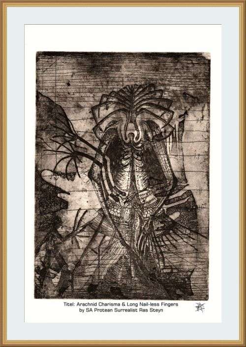 Original Artworks : Arachnid Charisma by SA Artist Ras Steyn - 150mmx210mm Etching on Fabriano 3/3