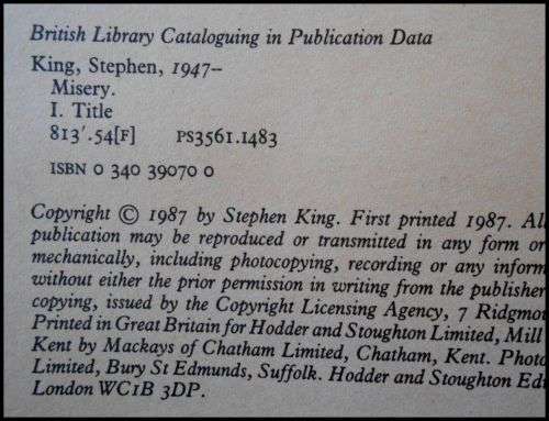 STEPHEN KING  Misery - Hardback - 1987 - First UK Edition and 1st Printing - Hodder and Stoughton