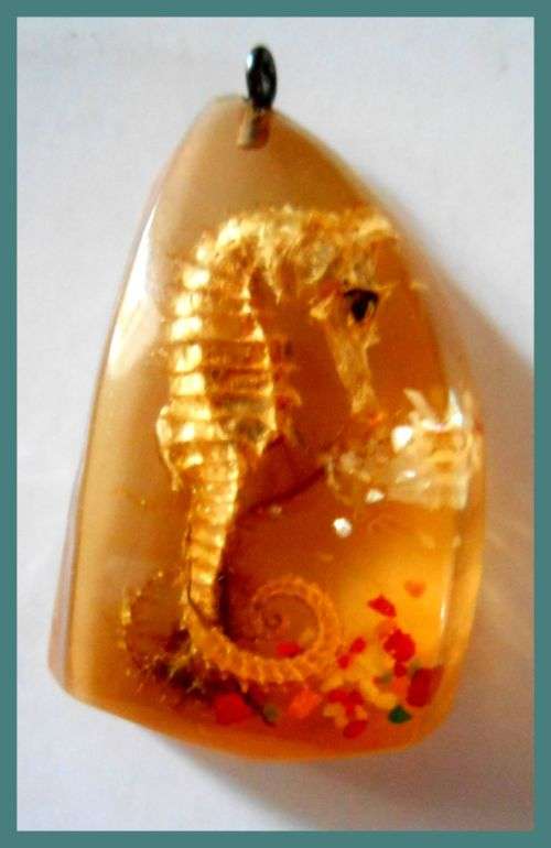 Fairly Large Resin Pendant with a Precious little Seahorse with bits of Mother-of-Pear - circa 1950s