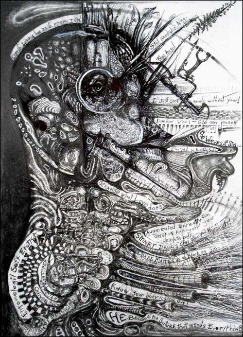 Abstract Surrealism: `We are All Fluttering Chembots`  - 210mm x 297mm - Single Lead Pencil Drawing