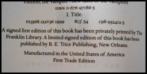 ANNE RICE - VITTORIO - First Edition + 1st Impression - Knopf - Hardcover - 1999 - Excellent Cond.