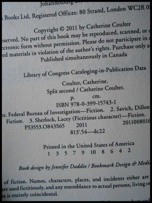 CATHERINE COULTER - Split Second - First Edition + 1st Printing - 2011 - PUTNAM Press: USA - Mint*
