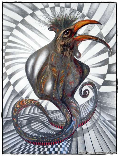 Original Art: `Hornbill Serpentine` by Surrealist Ras Steyn [MT] - Approx. A4 Format - Lead Pencil