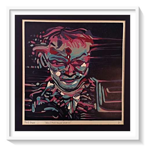 Lino-Print: The E-Ville Blues by Surrealist Artist Ras Steyn (MFA) - Inner Frame: 300MM by 300MM 2/3