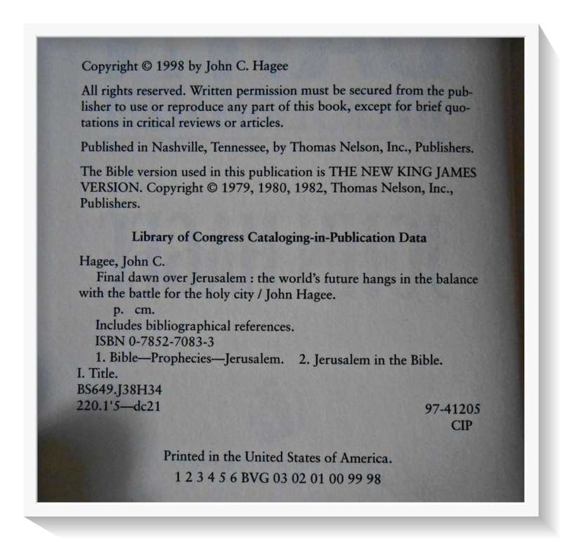 JOHN HAGEE: Final Dawn over Jerusalem - First Edition + 1st Print - Hardcover 1998 (B+)