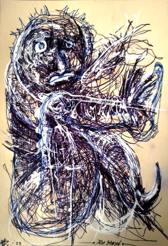 Original Art: Pen & Ink: Title: Stuck in the Middle with You by South African Artist Ras Steyn (MFA)