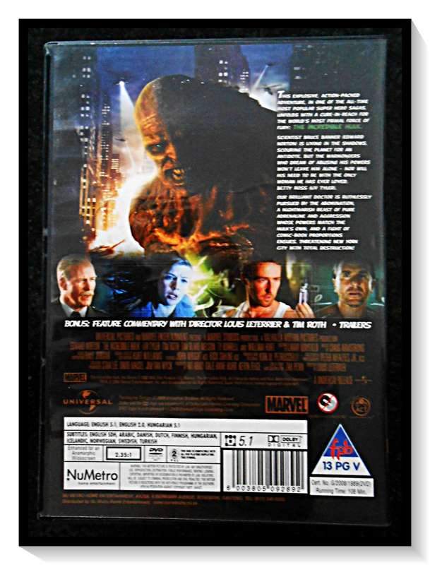 The Incredible Hulk - UNIVERSAL/Marvel 2 - 13V - DVD: Disc & Casing with Cover:Very Good Condition
