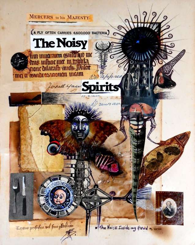 Traditional Art: `They`re Coming to Take Me Away` Collage, Pen. Ink, Pencil, Lacquer: by Ras Steyn