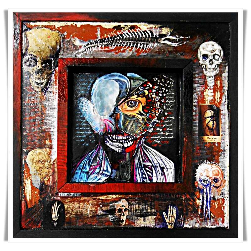 Original Mixed Medium Art - Title: Annunaki Persona - Acrylic, Collage, Pen, Ink, Varnish ( 1X )
