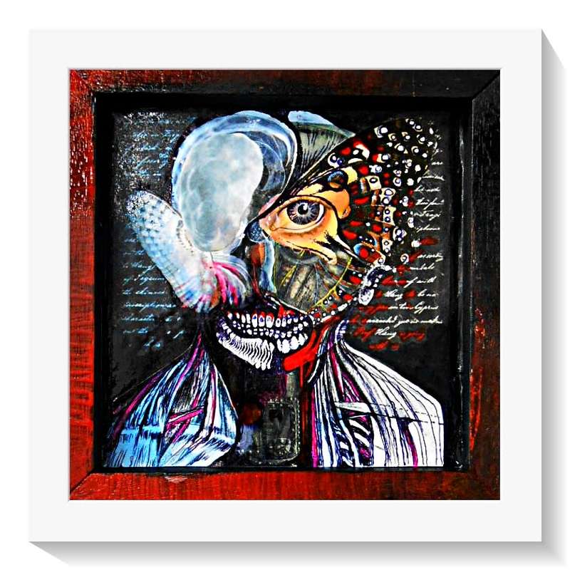 Original Mixed Medium Art - Title: Annunaki Persona - Acrylic, Collage, Pen, Ink, Varnish ( 1X )