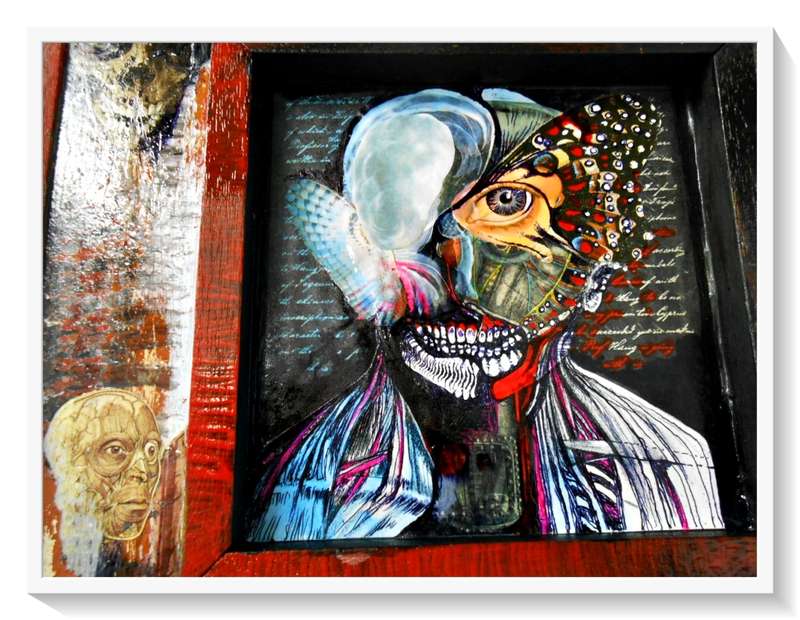 Original Mixed Medium Art - Title: Annunaki Persona - Acrylic, Collage, Pen, Ink, Varnish ( 1X )