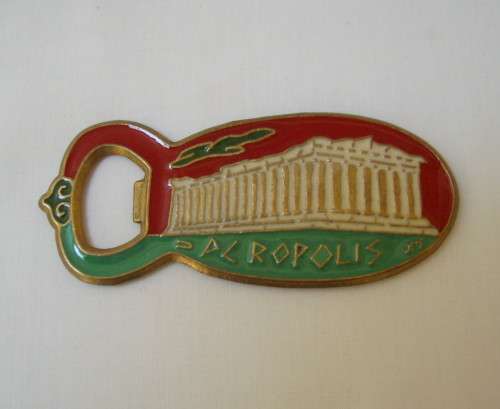 VINTAGE GREEK CLOISONNE ENAMELED BRONZE BOTTLE OPENER