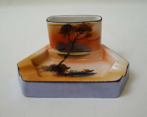 ART DECO NORITAKE CHIKARAMACHI 'SUNSET' ASHTRAY & MATCH HOLDER c1928-1946