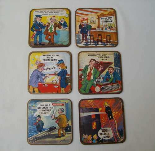 SET OF SIX VINTAGE HUMOROUS COMIC COASTERS c1960's